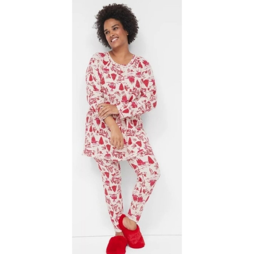 Sleep by Cacique Thermal Henley Pj set Winter scene Cream & Red Size 30/32
